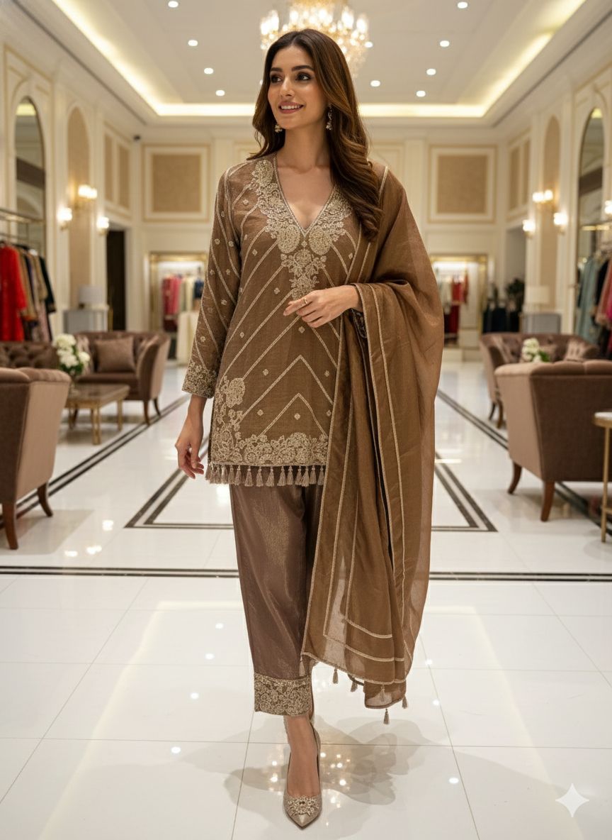 Antique Golden Rich Work Premium Tissue Short Length Kurta With Farsi Bottom & Dupatta- 12785