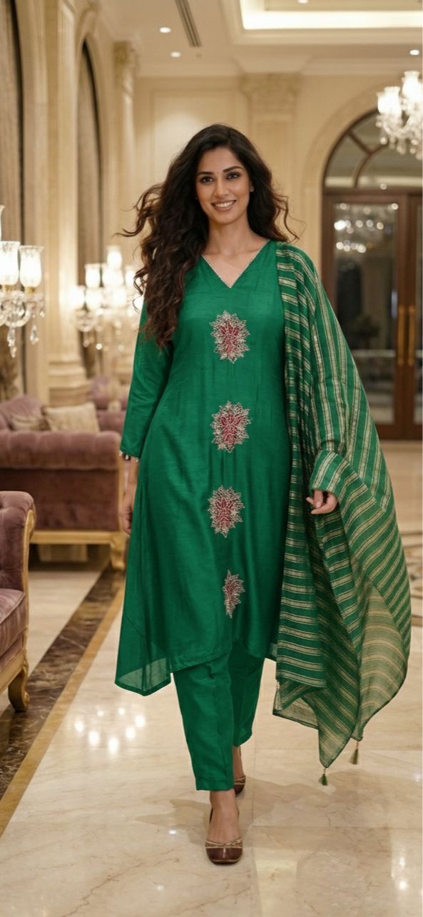 Minimal Straight Embroidered Designed A-Line Full Suit Set With Dupatta In Dola Silk Fabric- 12739