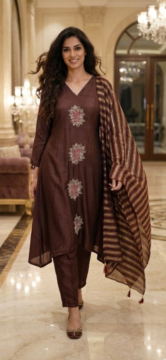 Minimal Straight Embroidered Designed A-Line Full Suit Set With Dupatta In Dola Silk Fabric- 12739