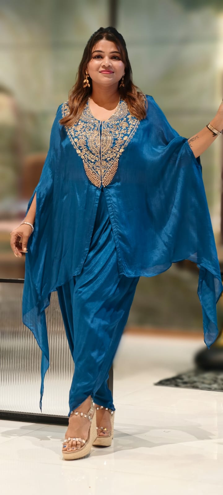 Mughal Golden Grace Embroidered Chinon Cape With Padded Buster & Tulip Bottom- 12876