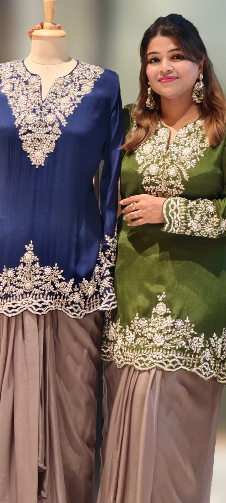 Dual Color Combination Stylish Handwork Short Length Kurta With Drape Skirt- 12972