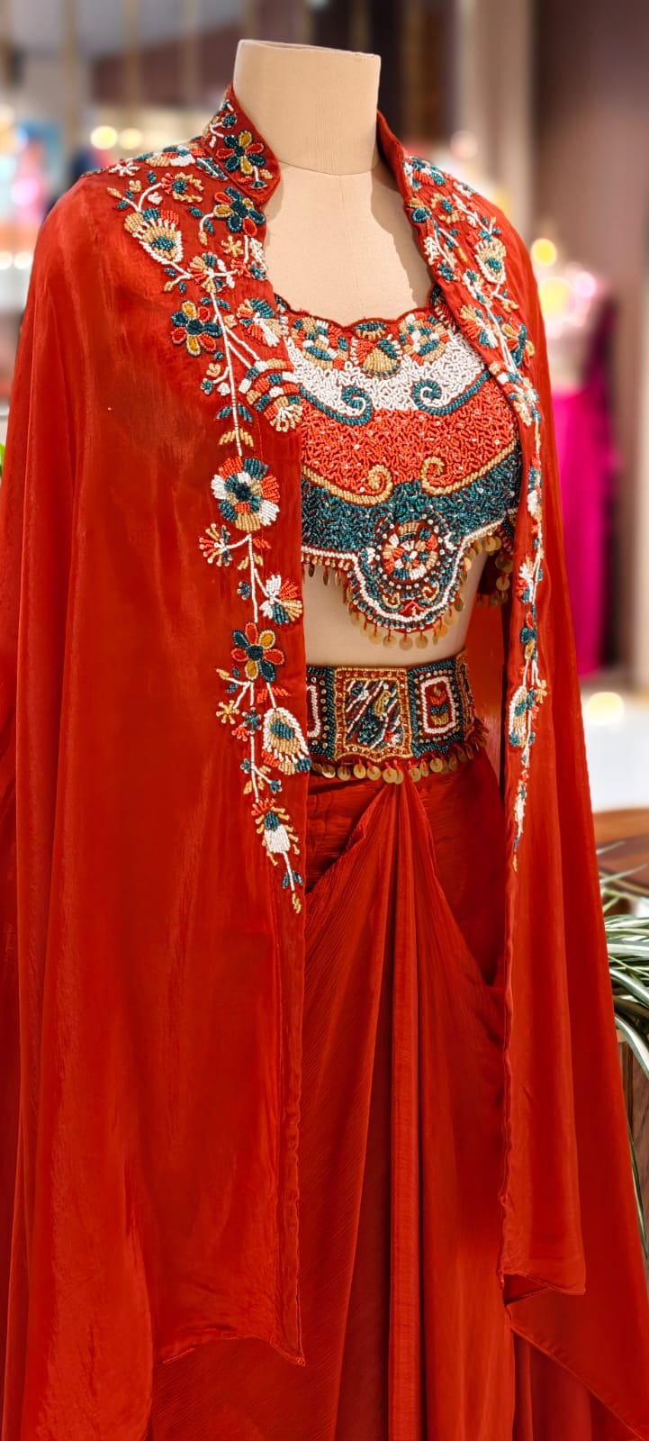 Rich Festive Tribal Multicolor Hand-Embroidered Buster With Shrug & Draped Skirt Indo-Western Outfit- 12975