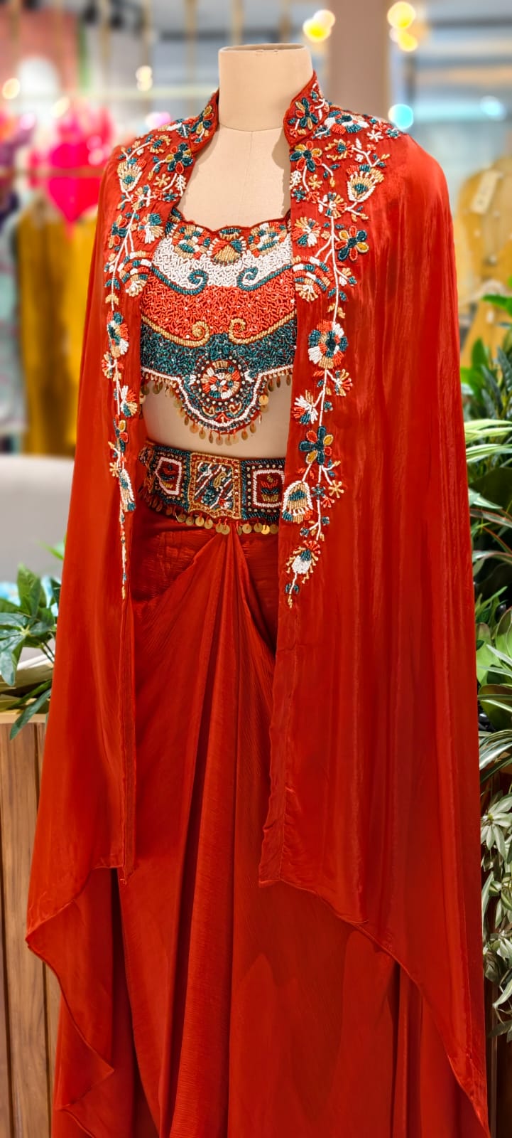 Rich Festive Tribal Multicolor Hand-Embroidered Buster With Shrug & Draped Skirt Indo-Western Outfit- 12975