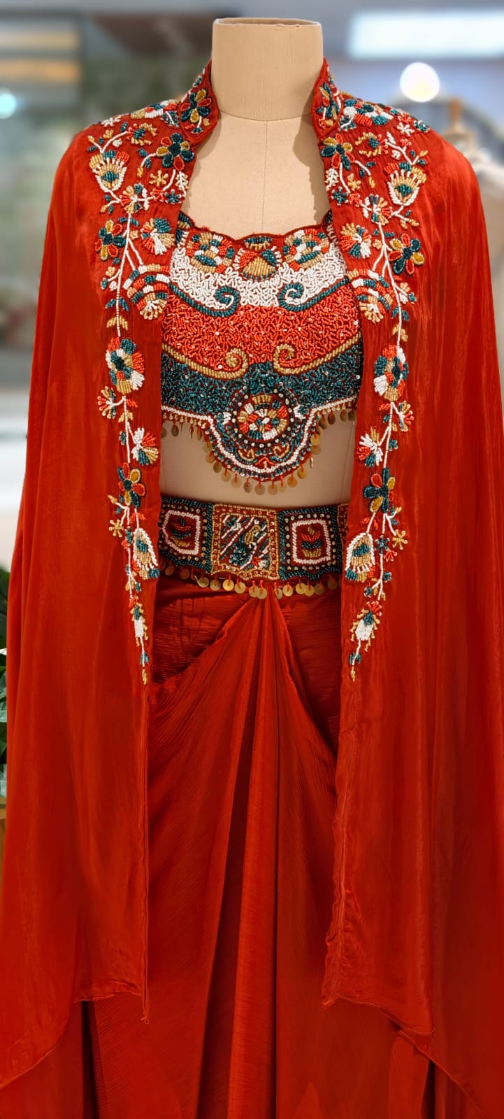 Rich Festive Tribal Multicolor Hand-Embroidered Buster With Shrug & Draped Skirt Indo-Western Outfit- 12975