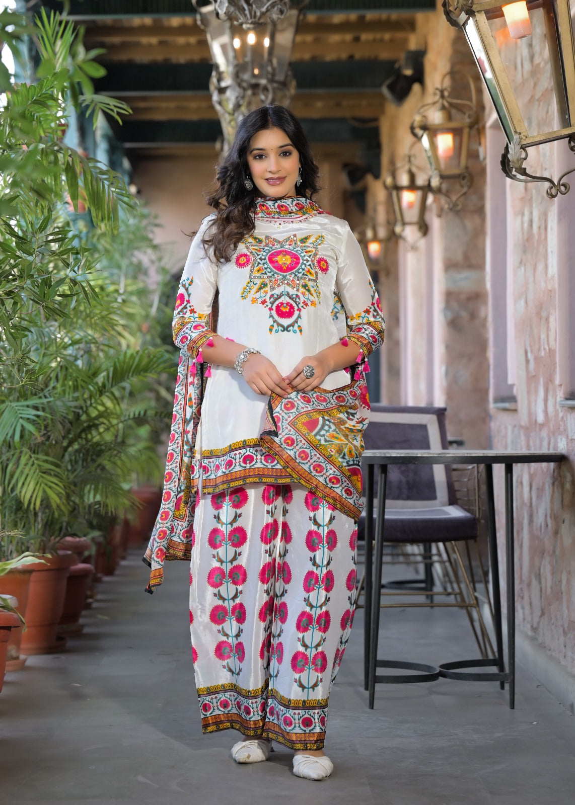 Vibrant Colors Printed Tasseled Full Suit Set With Dupatta In Crepe Fabric-13010
