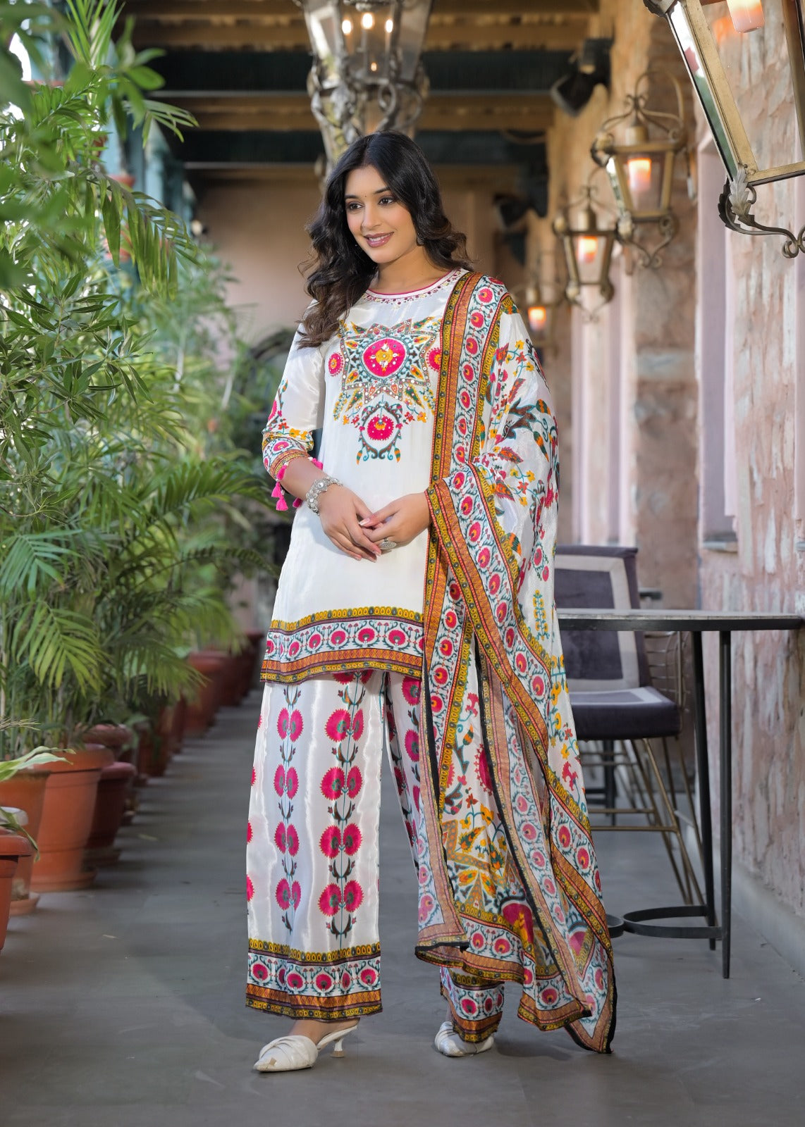 Vibrant Colors Printed Tasseled Full Suit Set With Dupatta In Crepe Fabric-13010