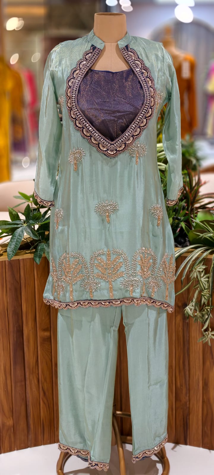 Luxury Indo-Western Pink Fusion Outfit with Hand-Embroidered Top, Contrast Buster & Matching Pants-12995