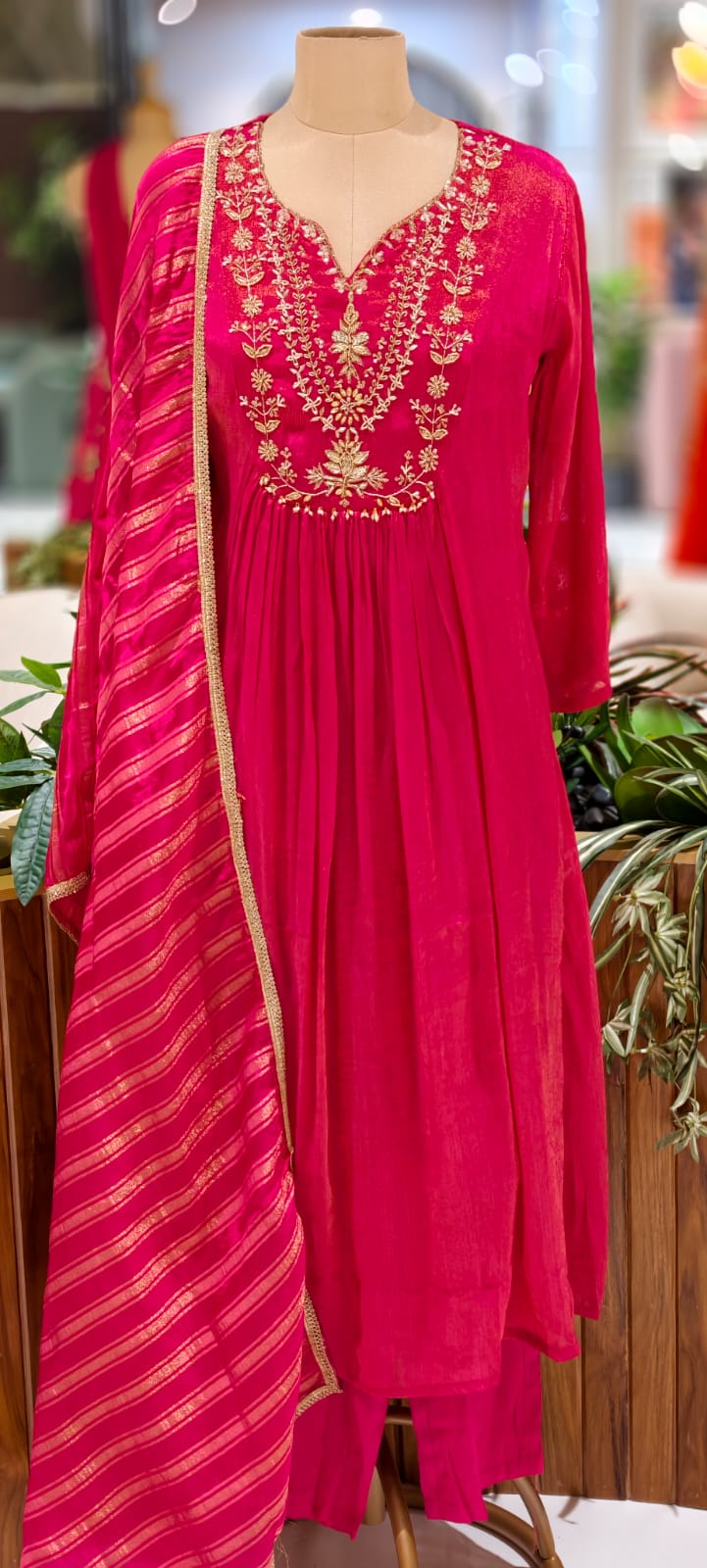Vibrant Gulabi Blush Crush Look A-Line Full Suit Set With Dupatta In Tissue Fabric-12996