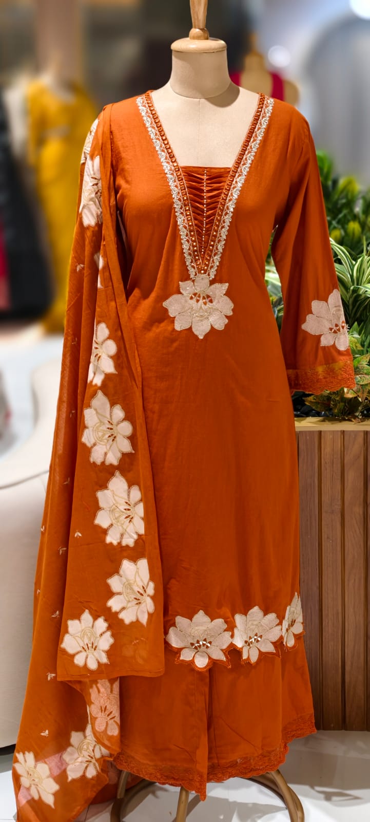 Floral Cut-Work Unique Pleated V-Neck Line Cotton Full Suit Set With Dupatta- 13007
