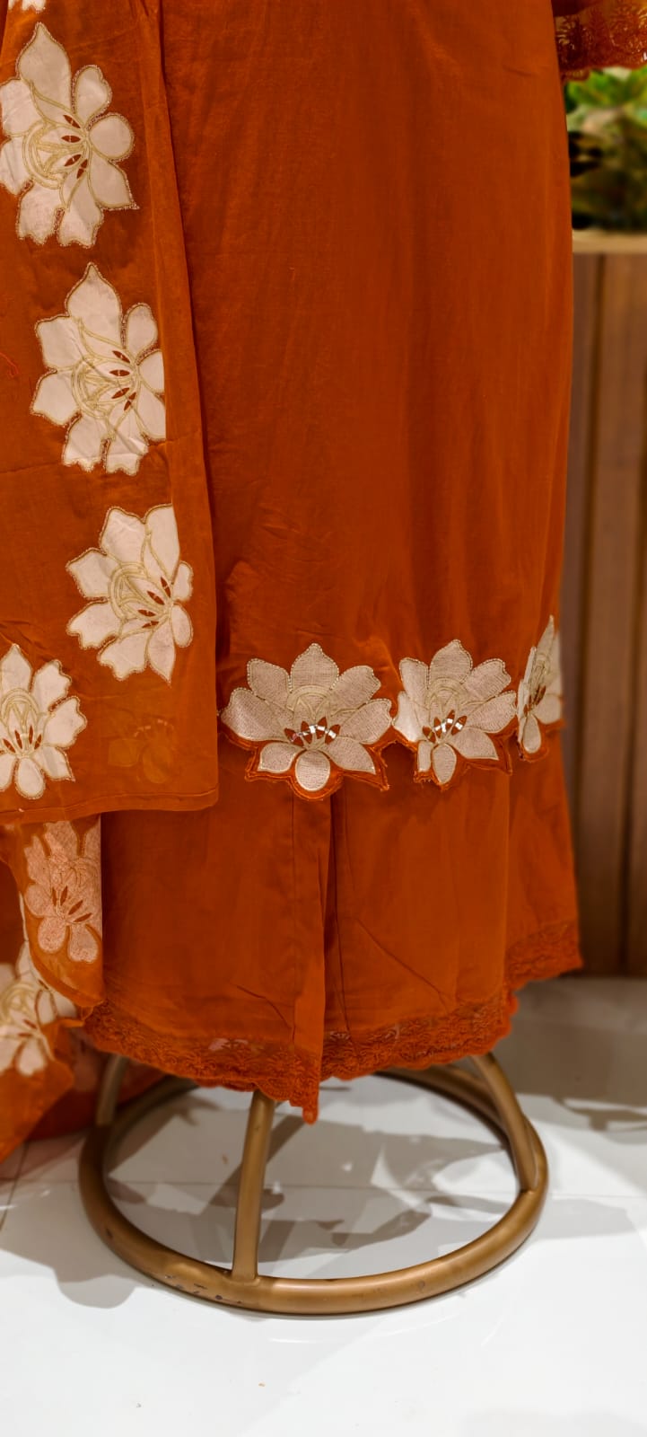 Floral Cut-Work Unique Pleated V-Neck Line Cotton Full Suit Set With Dupatta- 13007