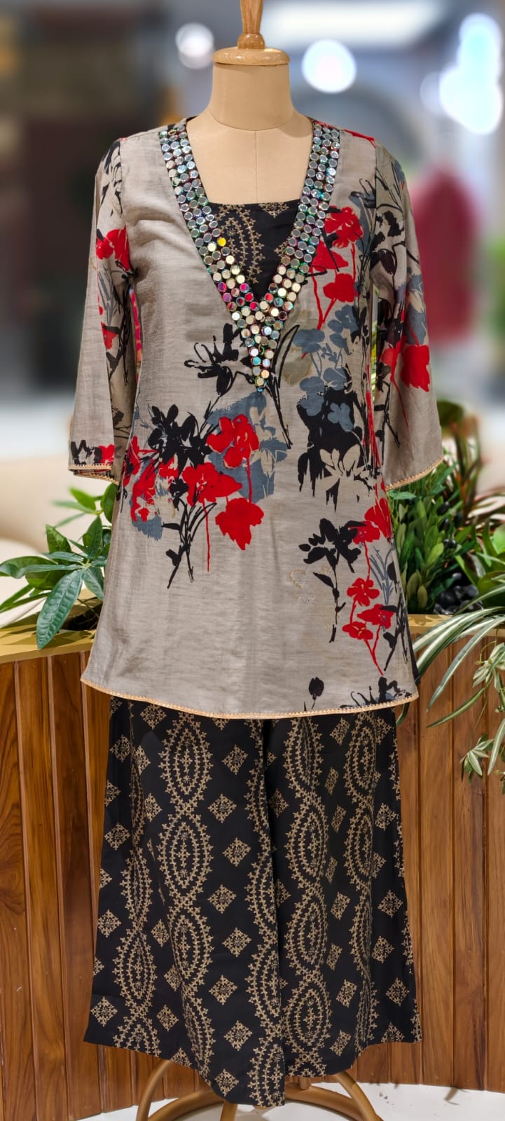 Real Mirror V-Neck Printed Kurta With Inner & Bottom In Modal Silk Fabric- 12992 Dispatching on Monday