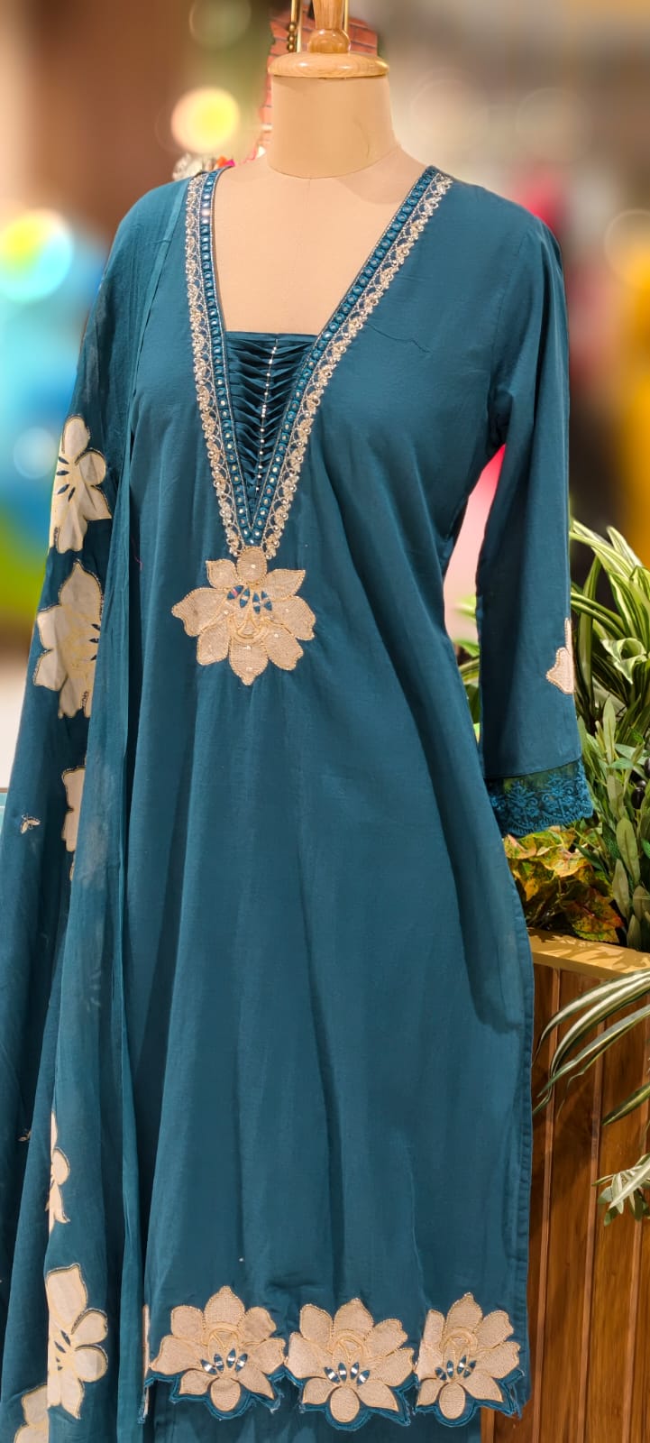 Floral Cut-Work Unique Pleated V-Neck Line Cotton Full Suit Set With Dupatta- 13007