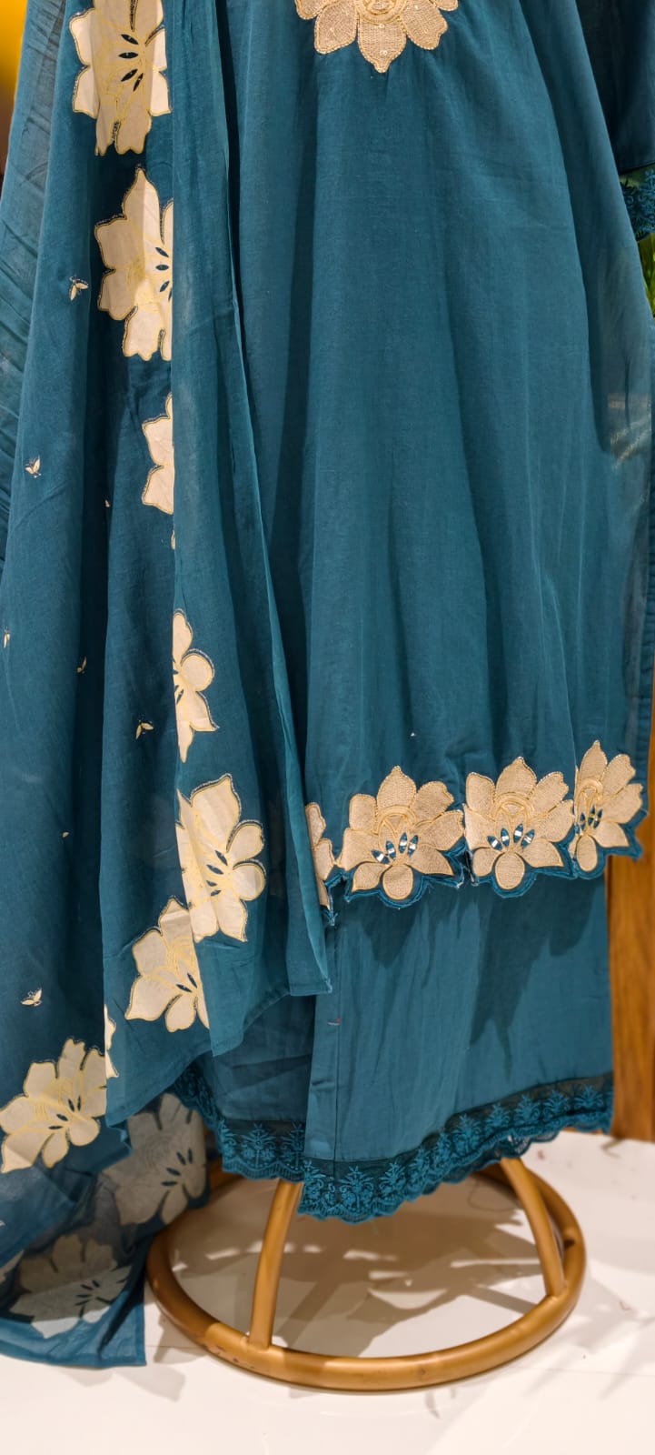 Floral Cut-Work Unique Pleated V-Neck Line Cotton Full Suit Set With Dupatta- 13007