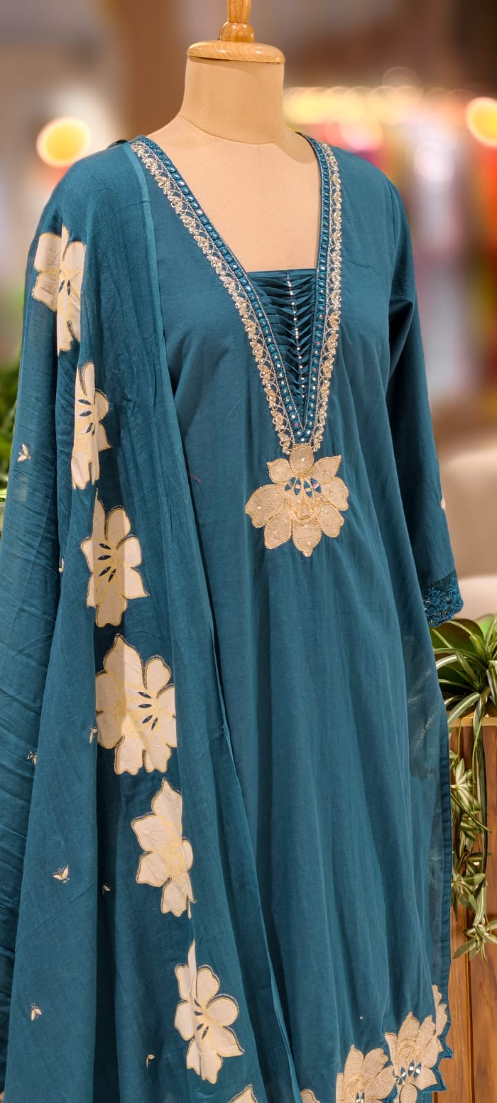 Floral Cut-Work Unique Pleated V-Neck Line Cotton Full Suit Set With Dupatta- 13007
