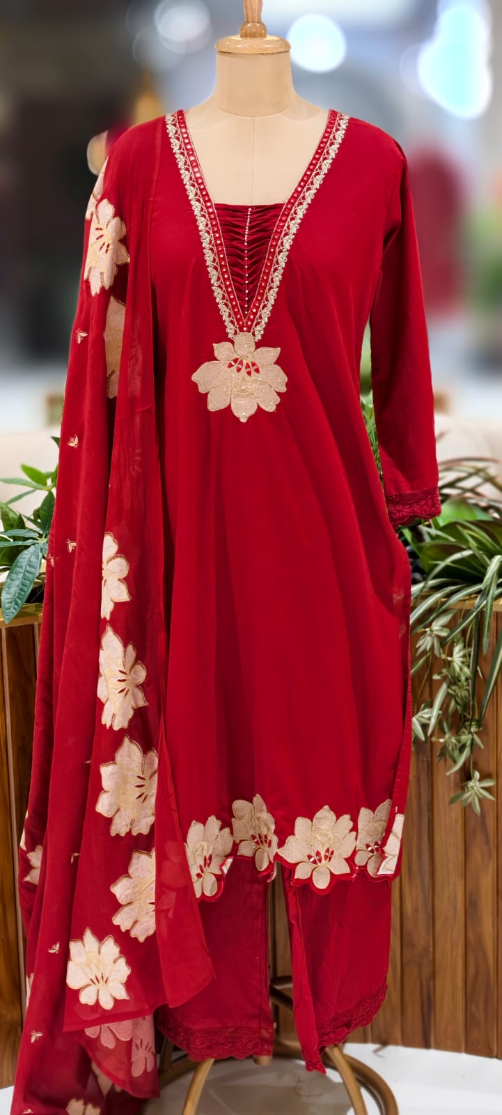 Floral Cut-Work Unique Pleated V-Neck Line Cotton Full Suit Set With Dupatta- 13007