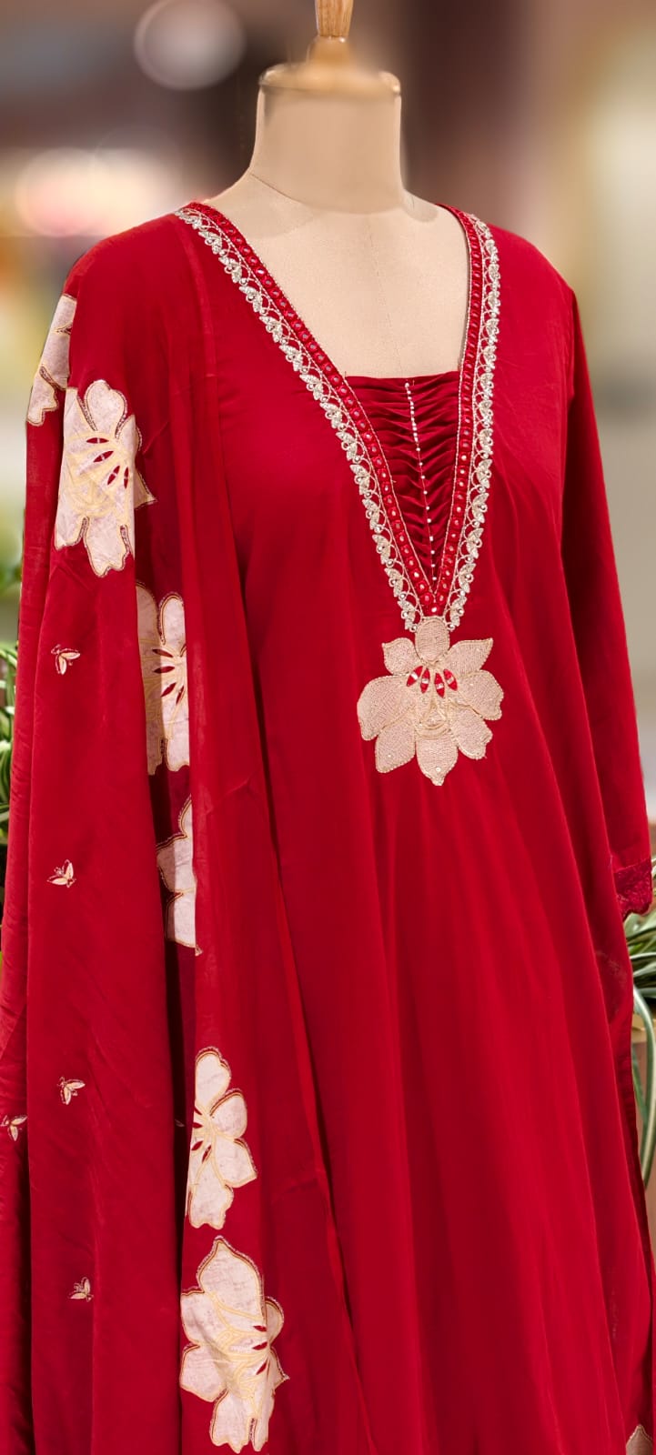 Floral Cut-Work Unique Pleated V-Neck Line Cotton Full Suit Set With Dupatta- 13007