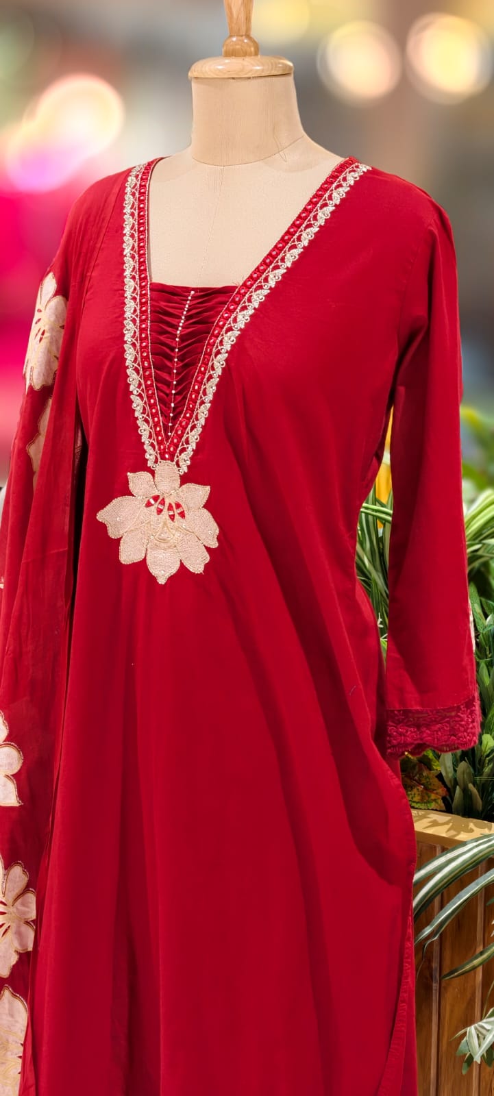 Floral Cut-Work Unique Pleated V-Neck Line Cotton Full Suit Set With Dupatta- 13007