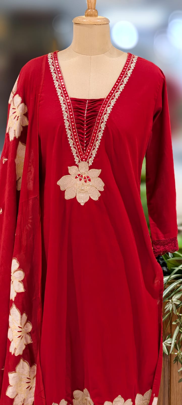 Floral Cut-Work Unique Pleated V-Neck Line Cotton Full Suit Set With Dupatta- 13007