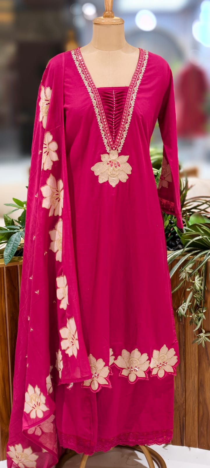 Floral Cut-Work Unique Pleated V-Neck Line Cotton Full Suit Set With Dupatta- 13007