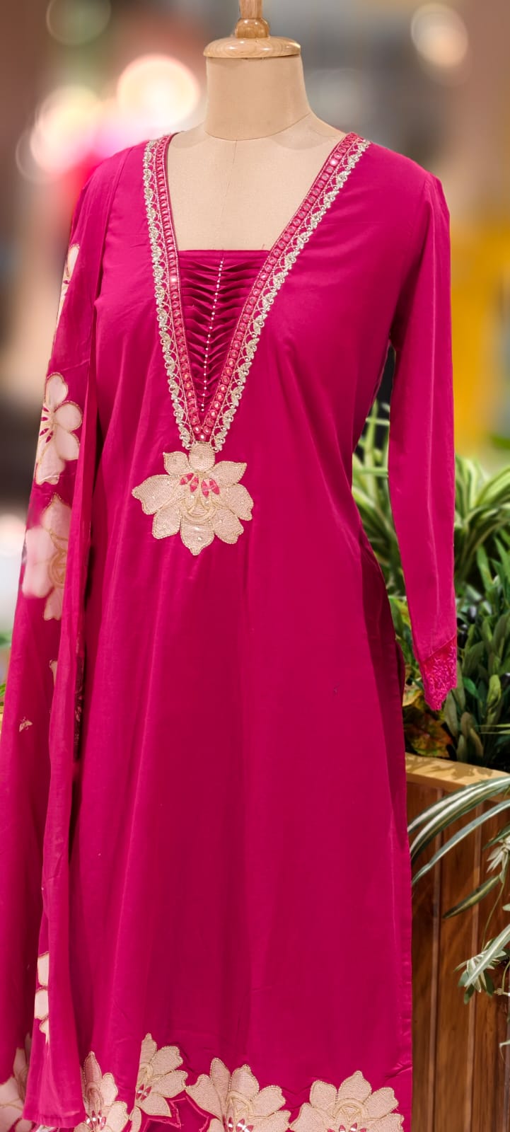 Floral Cut-Work Unique Pleated V-Neck Line Cotton Full Suit Set With Dupatta- 13007