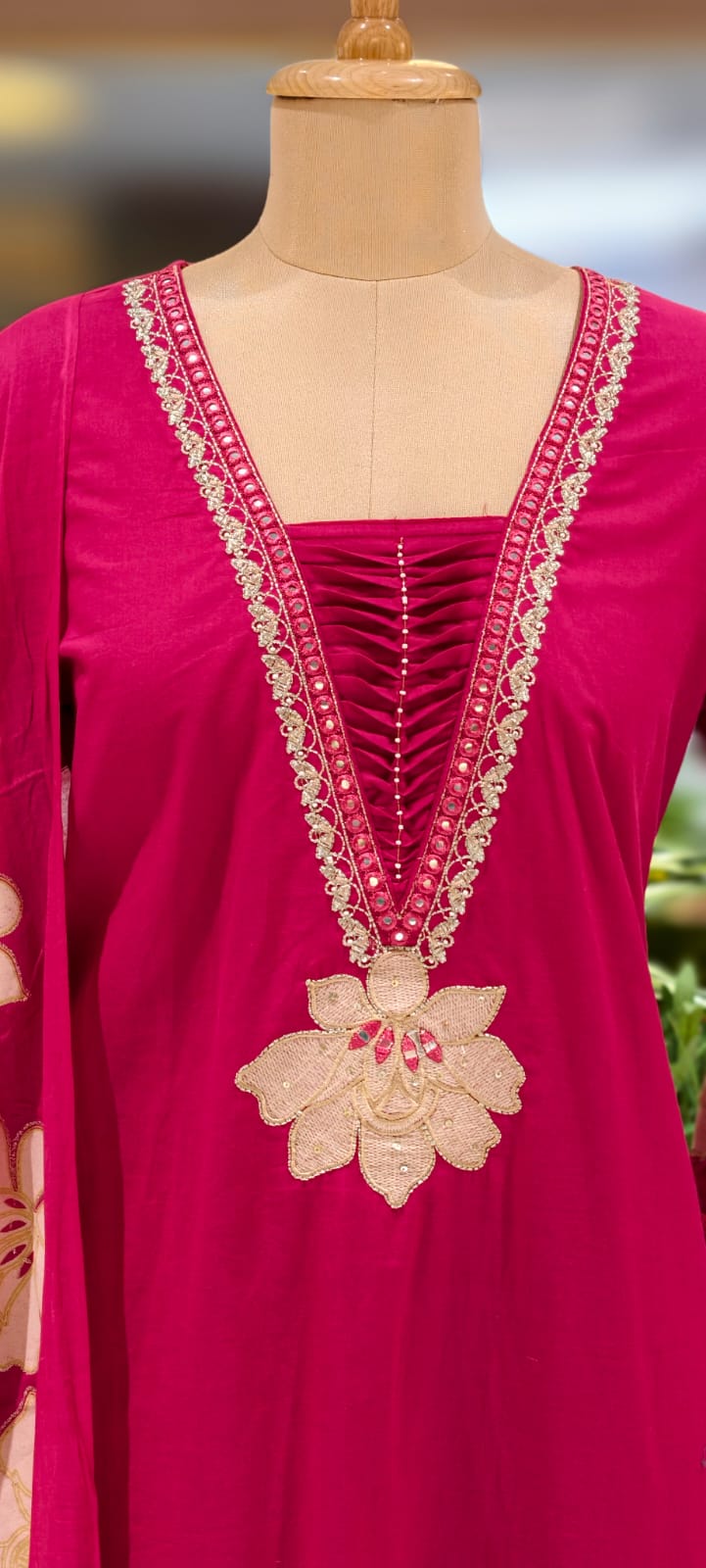 Floral Cut-Work Unique Pleated V-Neck Line Cotton Full Suit Set With Dupatta- 13007