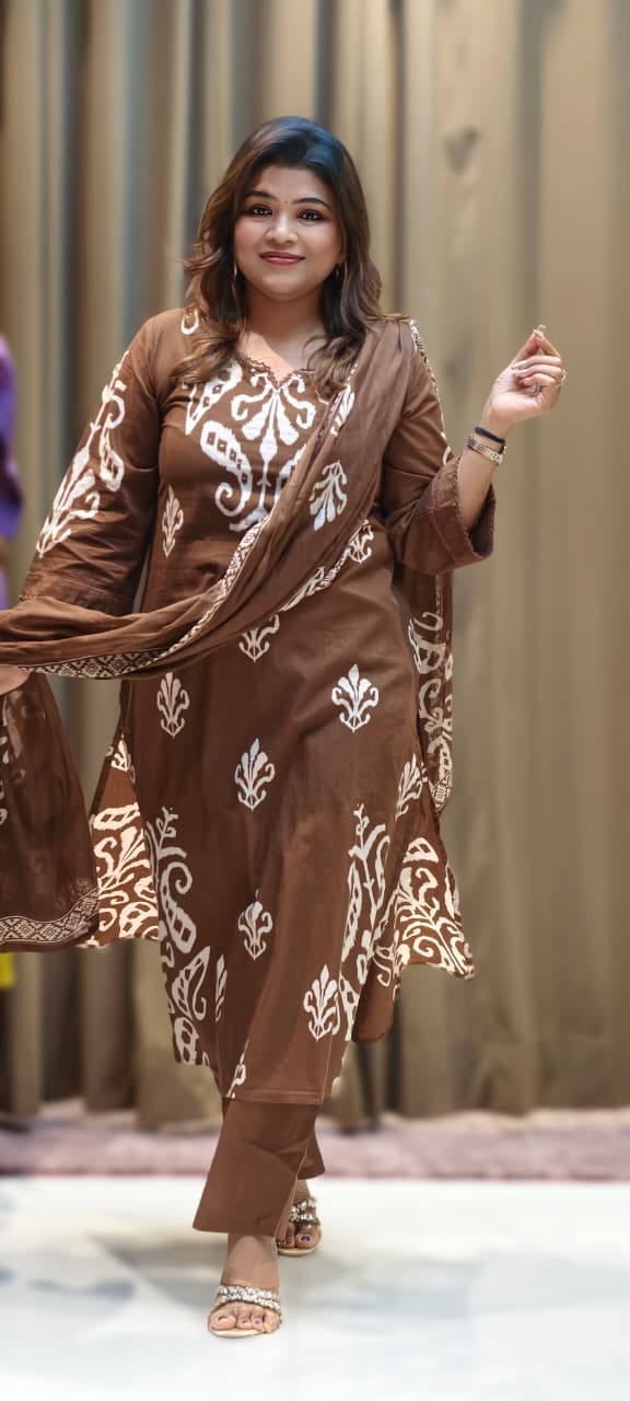 Graceful Ikkat Full Suit Set With Dupatta & Plain Matching Bottom In Cotton Fabric- 13013