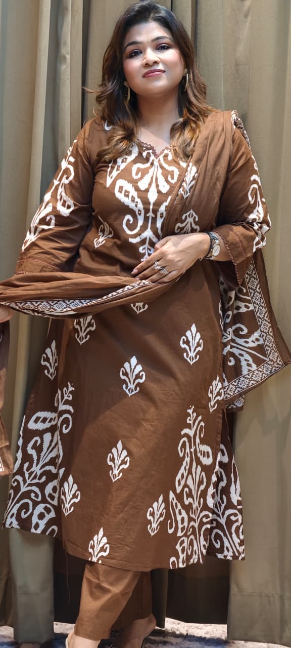 Graceful Ikkat Full Suit Set With Dupatta & Plain Matching Bottom In Cotton Fabric- 13013