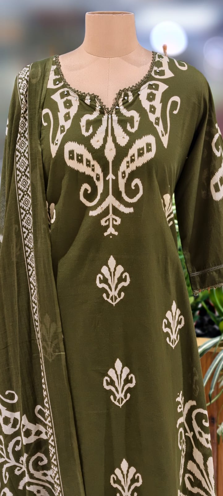 Graceful Ikkat Full Suit Set With Dupatta & Plain Matching Bottom In Cotton Fabric- 13013