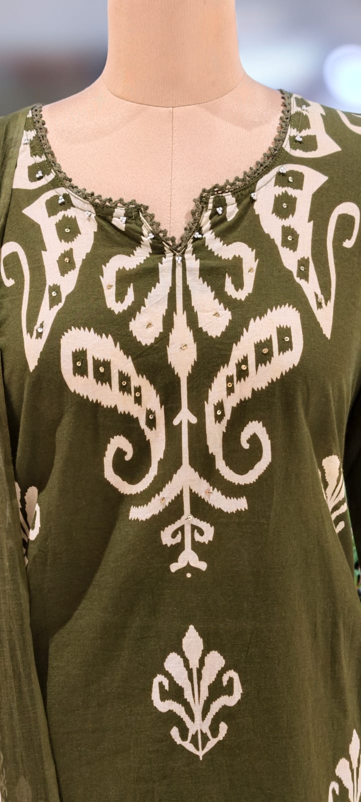 Graceful Ikkat Full Suit Set With Dupatta & Plain Matching Bottom In Cotton Fabric- 13013