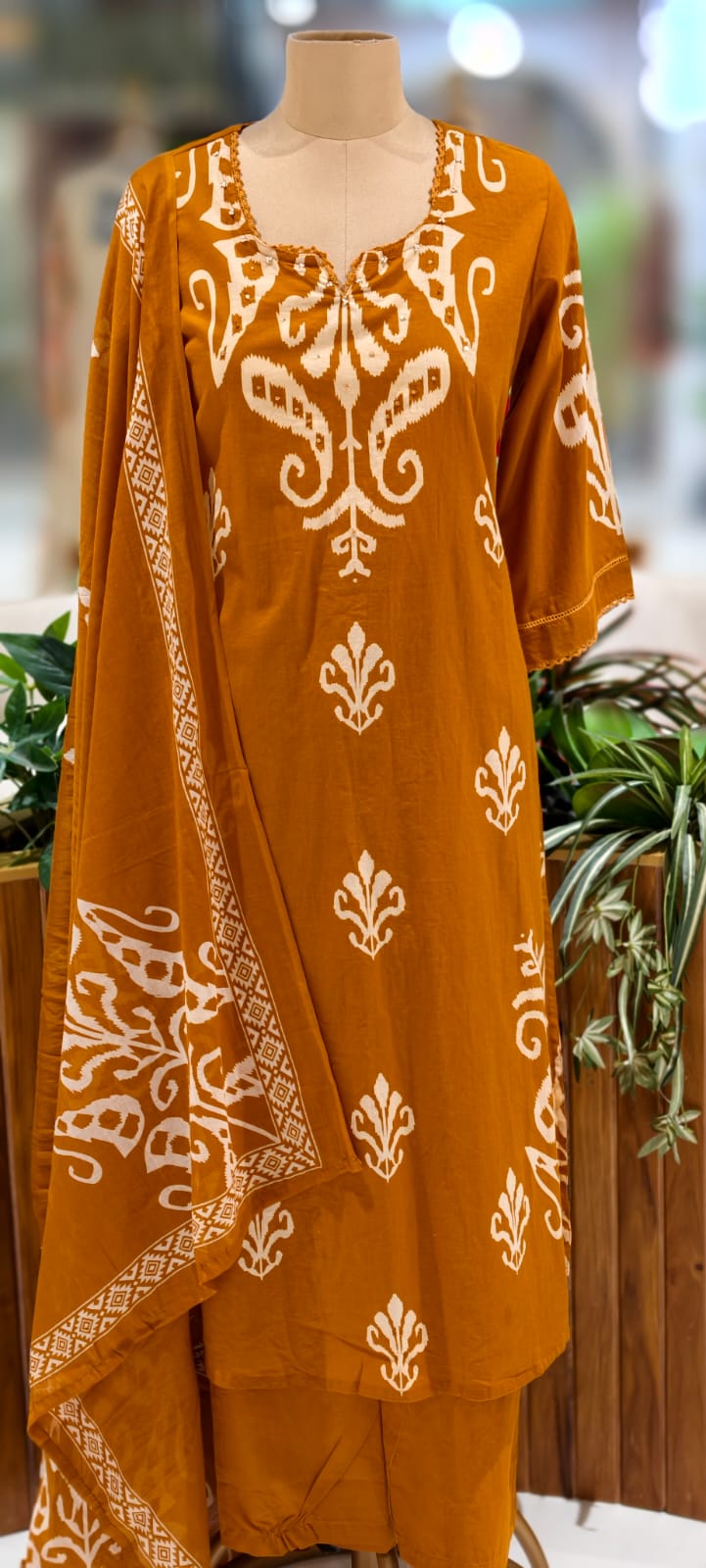 Graceful Ikkat Full Suit Set With Dupatta & Plain Matching Bottom In Cotton Fabric- 13013