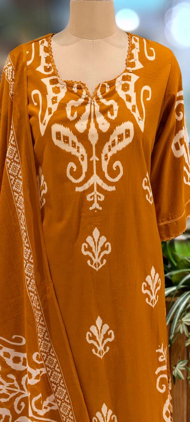 Graceful Ikkat Full Suit Set With Dupatta & Plain Matching Bottom In Cotton Fabric- 13013