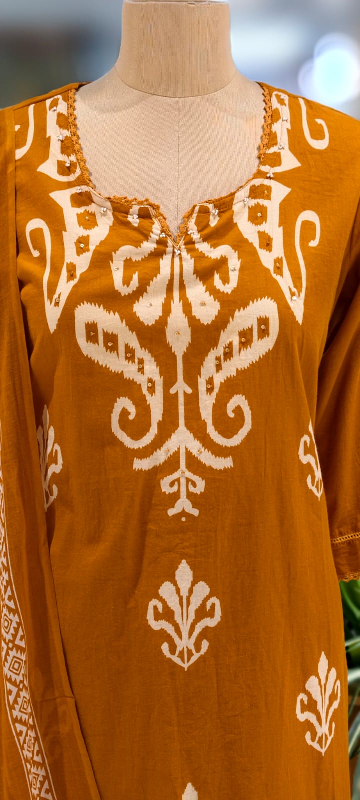 Graceful Ikkat Full Suit Set With Dupatta & Plain Matching Bottom In Cotton Fabric- 13013