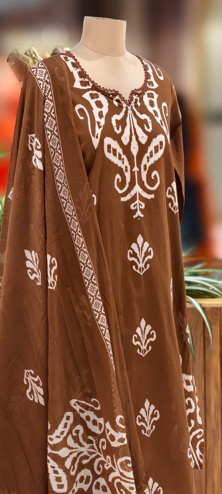 Graceful Ikkat Full Suit Set With Dupatta & Plain Matching Bottom In Cotton Fabric- 13013