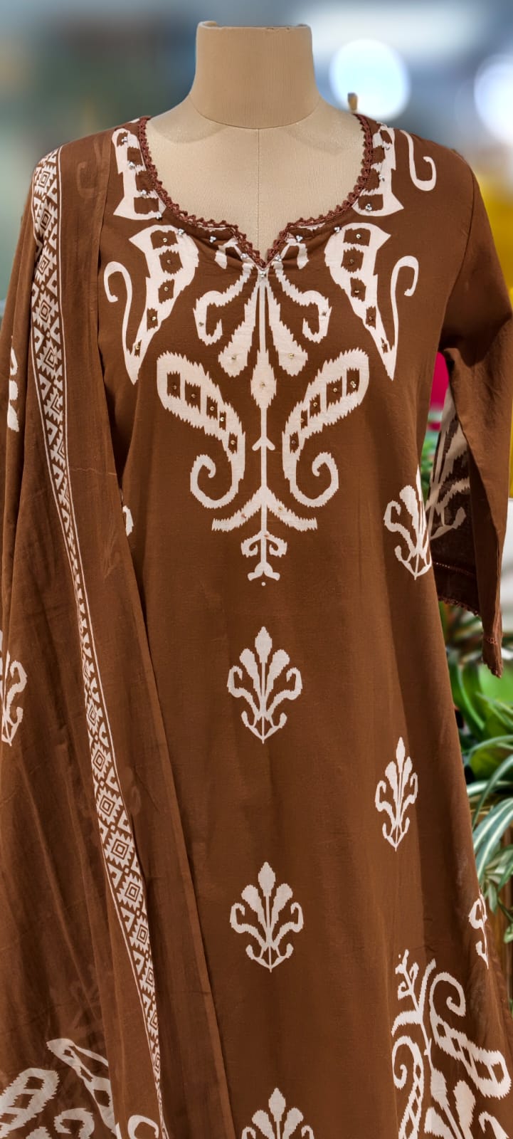 Graceful Ikkat Full Suit Set With Dupatta & Plain Matching Bottom In Cotton Fabric- 13013