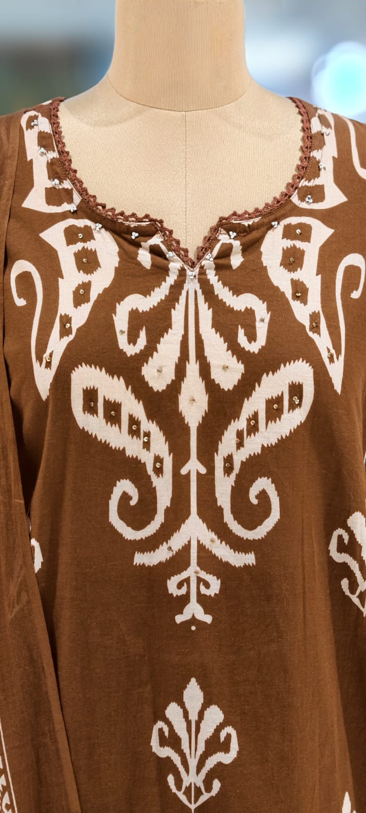 Graceful Ikkat Full Suit Set With Dupatta & Plain Matching Bottom In Cotton Fabric- 13013