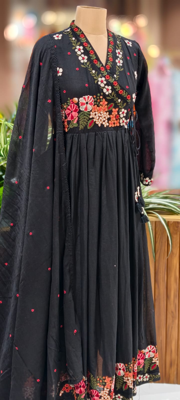 Cross Stitch Look Floral Embroidery Angrakha Pattern Anarkali Full Suit Set With Dupatta In Cotton Fabric-13015