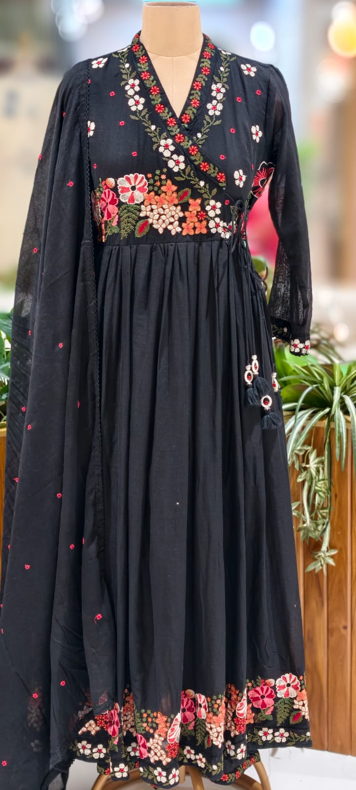 Cross Stitch Look Floral Embroidery Angrakha Pattern Anarkali Full Suit Set With Dupatta In Cotton Fabric-13015