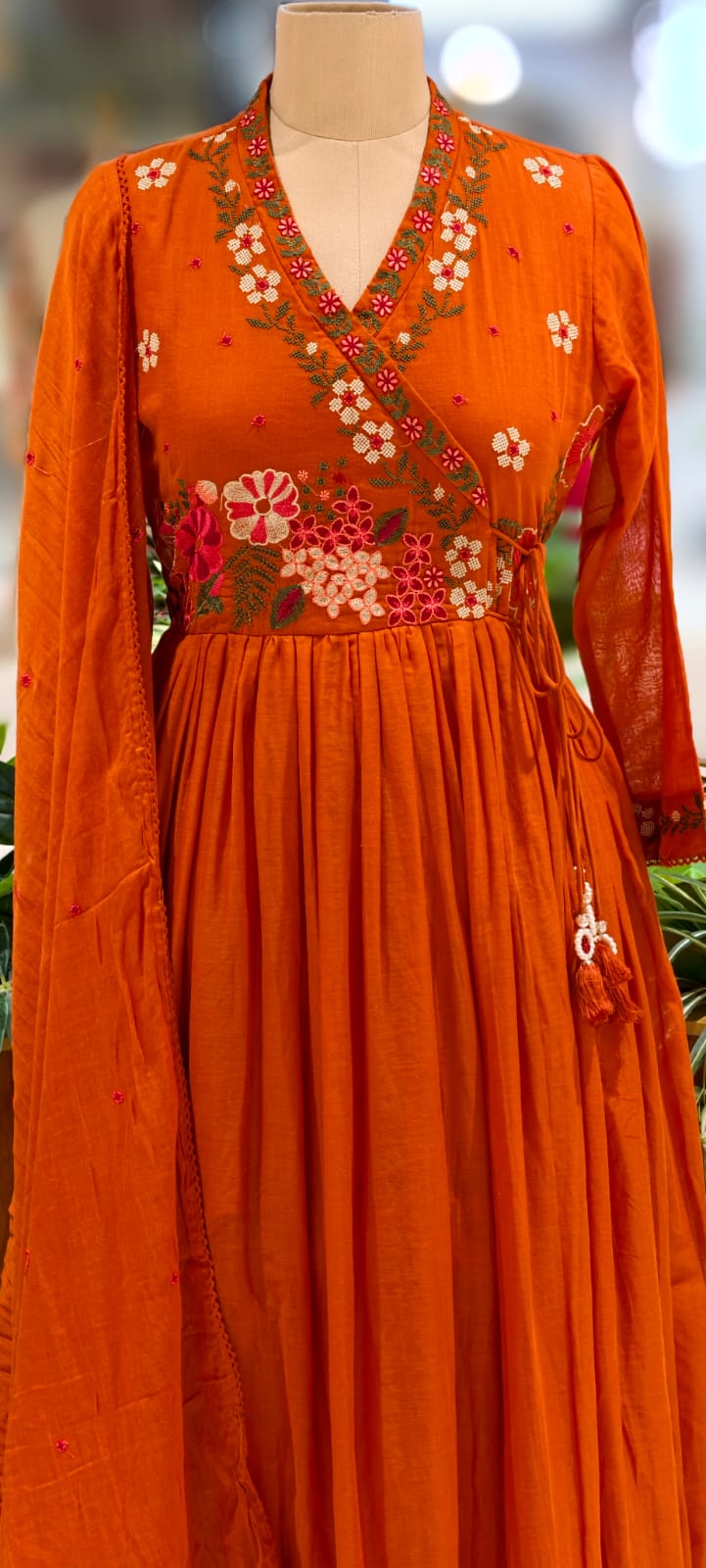 Cross Stitch Look Floral Embroidery Angrakha Pattern Anarkali Full Suit Set With Dupatta In Cotton Fabric-13015