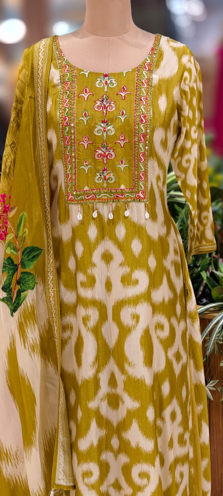 Russian Silk Multicolor Yoke With Tassel Printed A-Line Full Suit Set With Dupatta- 12958