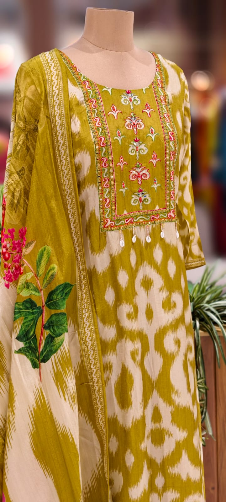 Russian Silk Multicolor Yoke With Tassel Printed A-Line Full Suit Set With Dupatta- 12958