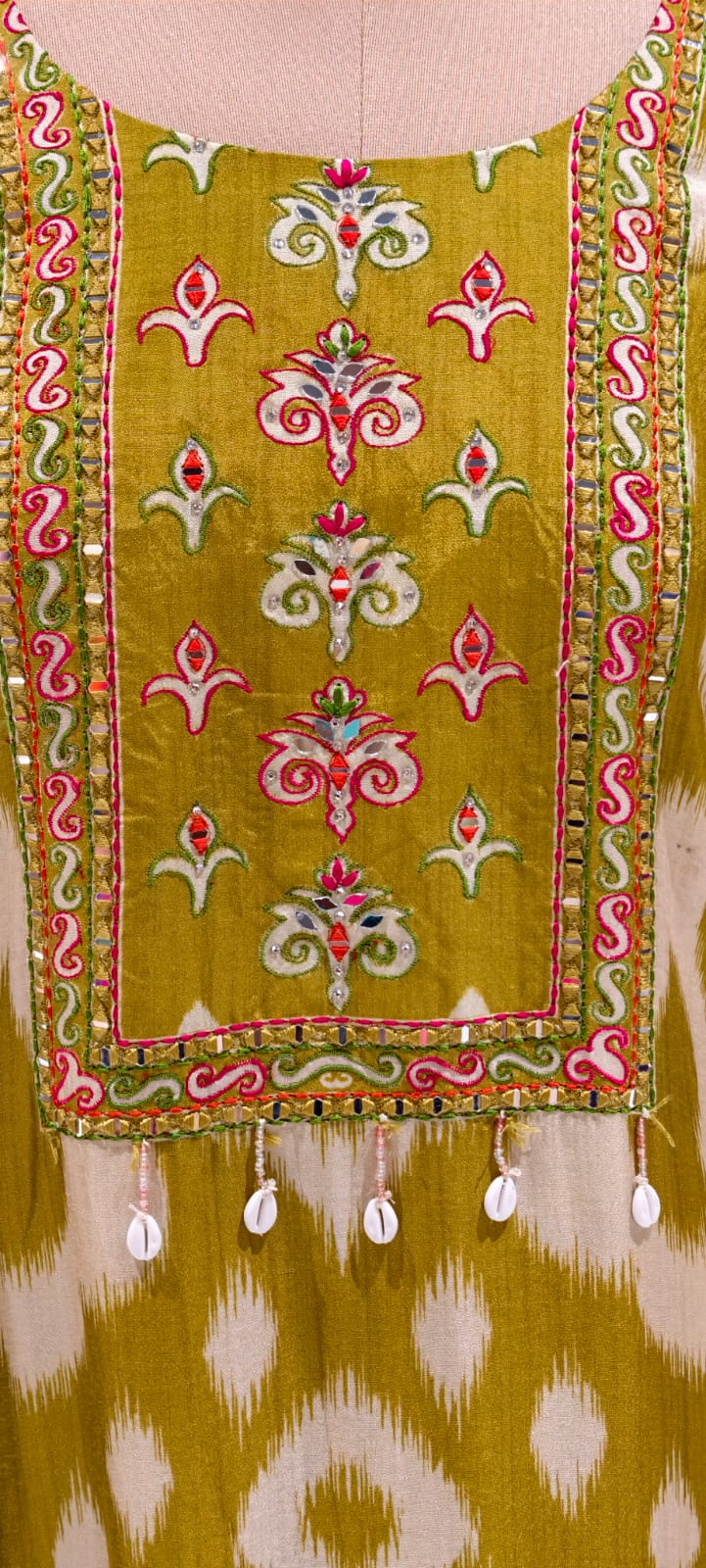 Russian Silk Multicolor Yoke With Tassel Printed A-Line Full Suit Set With Dupatta- 12958