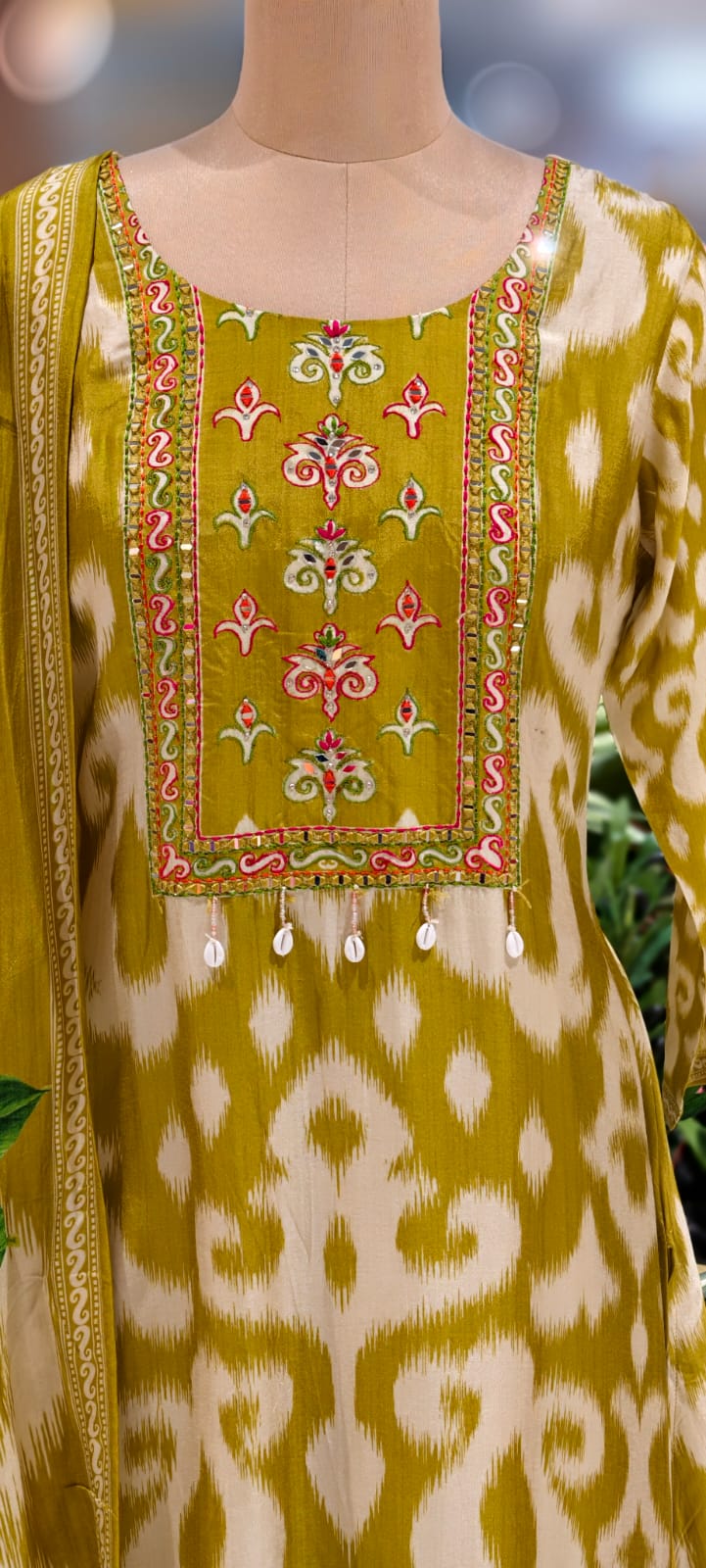 Russian Silk Multicolor Yoke With Tassel Printed A-Line Full Suit Set With Dupatta- 12958