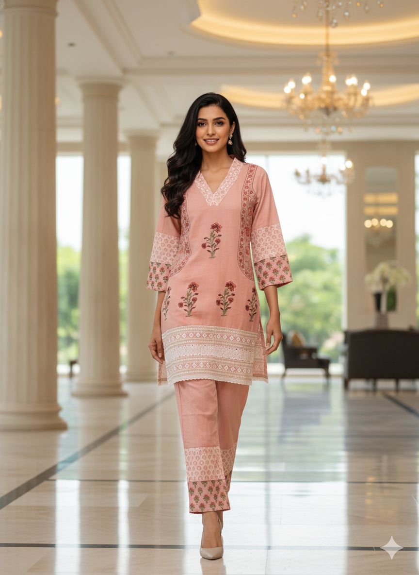 Pastel Elegance Soft Tone Embroidery With Printed Kurta Pant Set In Flex Cotton Fabric- 13016