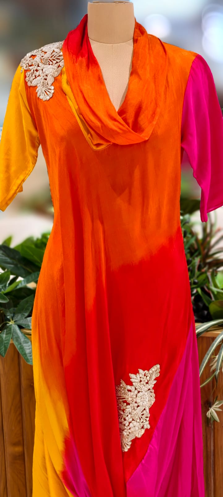 Ombre Multicolor Mix Cowl Style Gown In Dola Silk Fabric- 12400