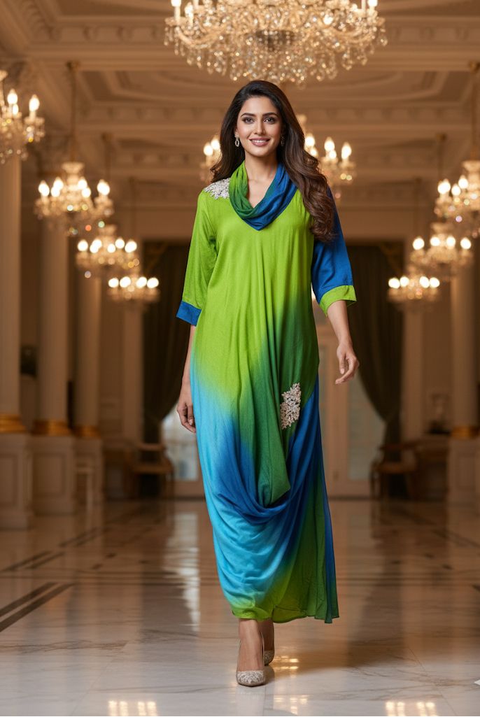 Ombre Multicolor Mix Cowl Style Gown In Dola Silk Fabric- 12400