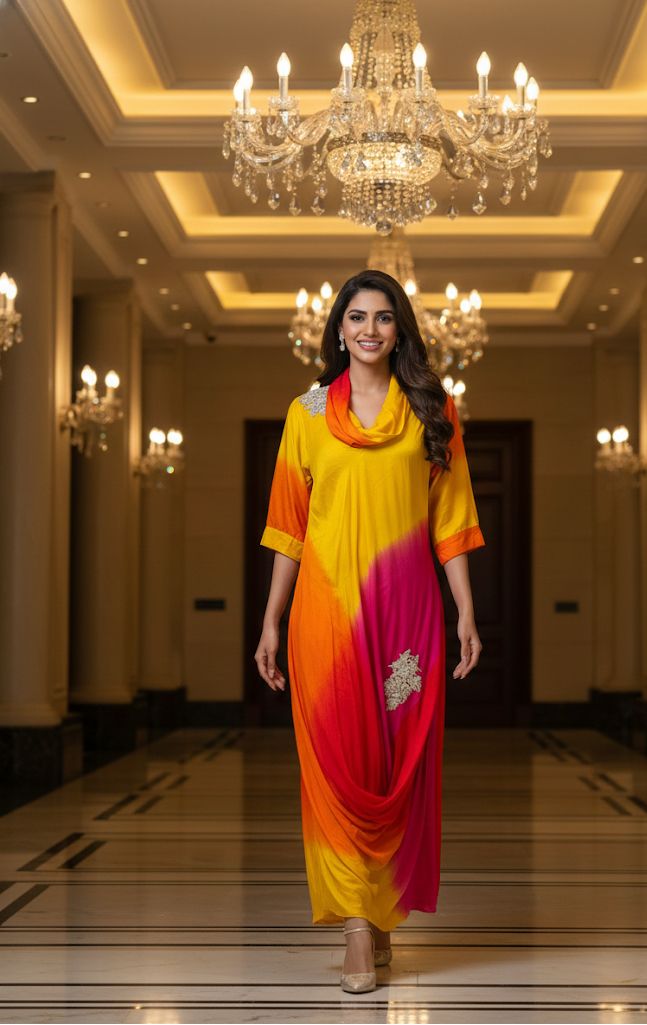 Ombre Multicolor Mix Cowl Style Gown In Dola Silk Fabric- 12400