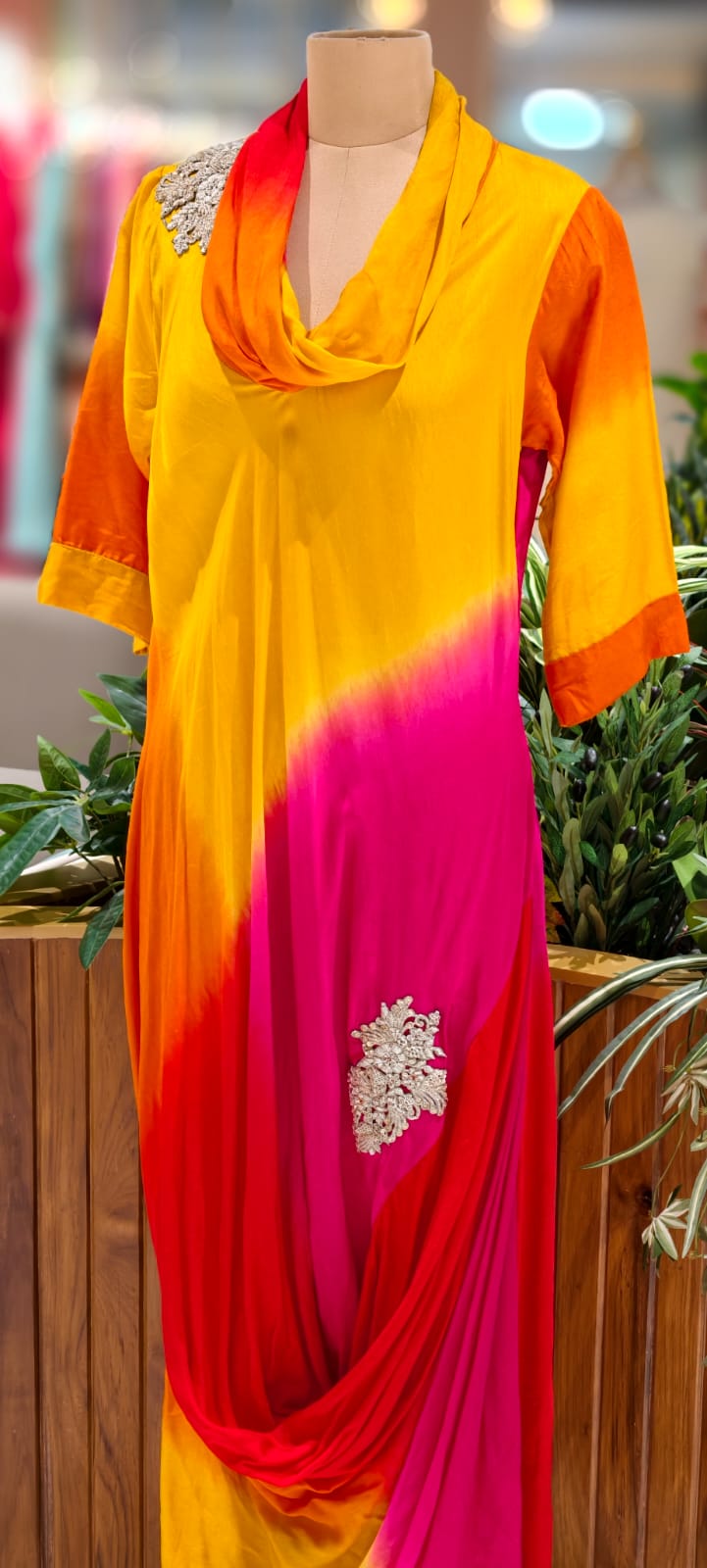 Ombre Multicolor Mix Cowl Style Gown In Dola Silk Fabric- 12400