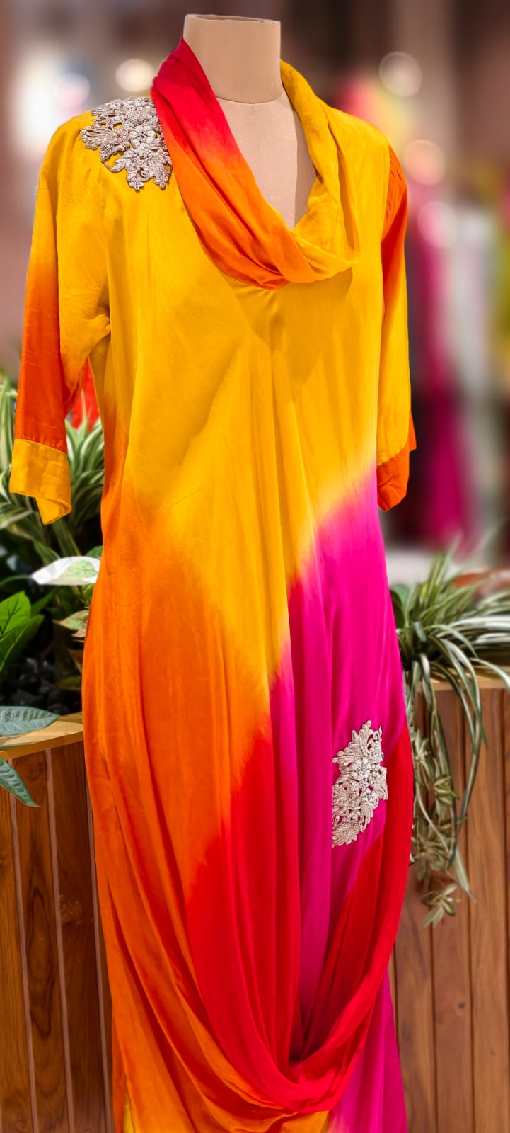 Ombre Multicolor Mix Cowl Style Gown In Dola Silk Fabric- 12400