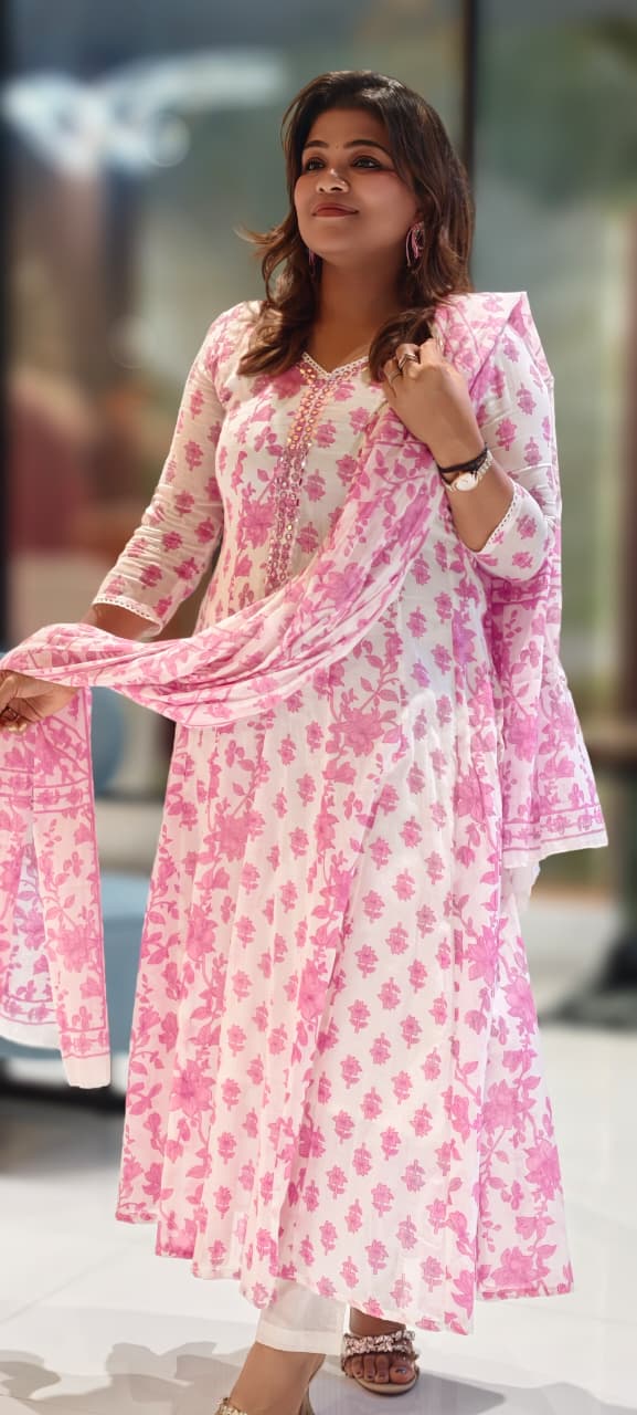 Foil Mirror Neck Line Floral Printed Panel Anarkali Full Suit Set With Dupatta In Mul Cotton Fabric- 12813