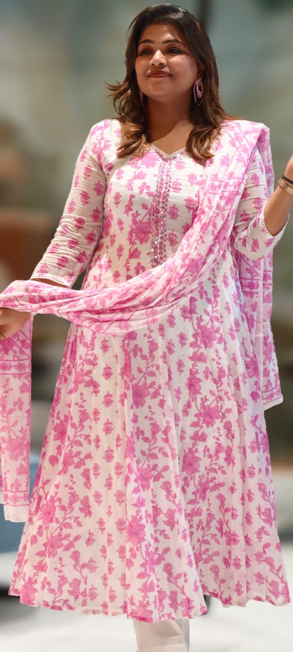 Foil Mirror Neck Line Floral Printed Panel Anarkali Full Suit Set With Dupatta In Mul Cotton Fabric- 12813